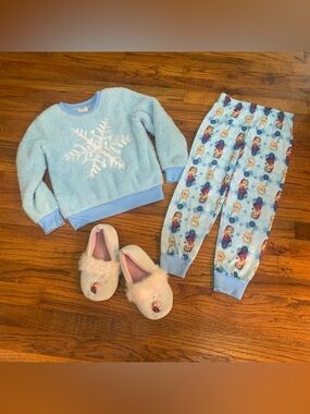 Girls Disney Frozen Elsa & Anna 3 Pc LS Pajama Pant Shirt & Slippers Shoes Set